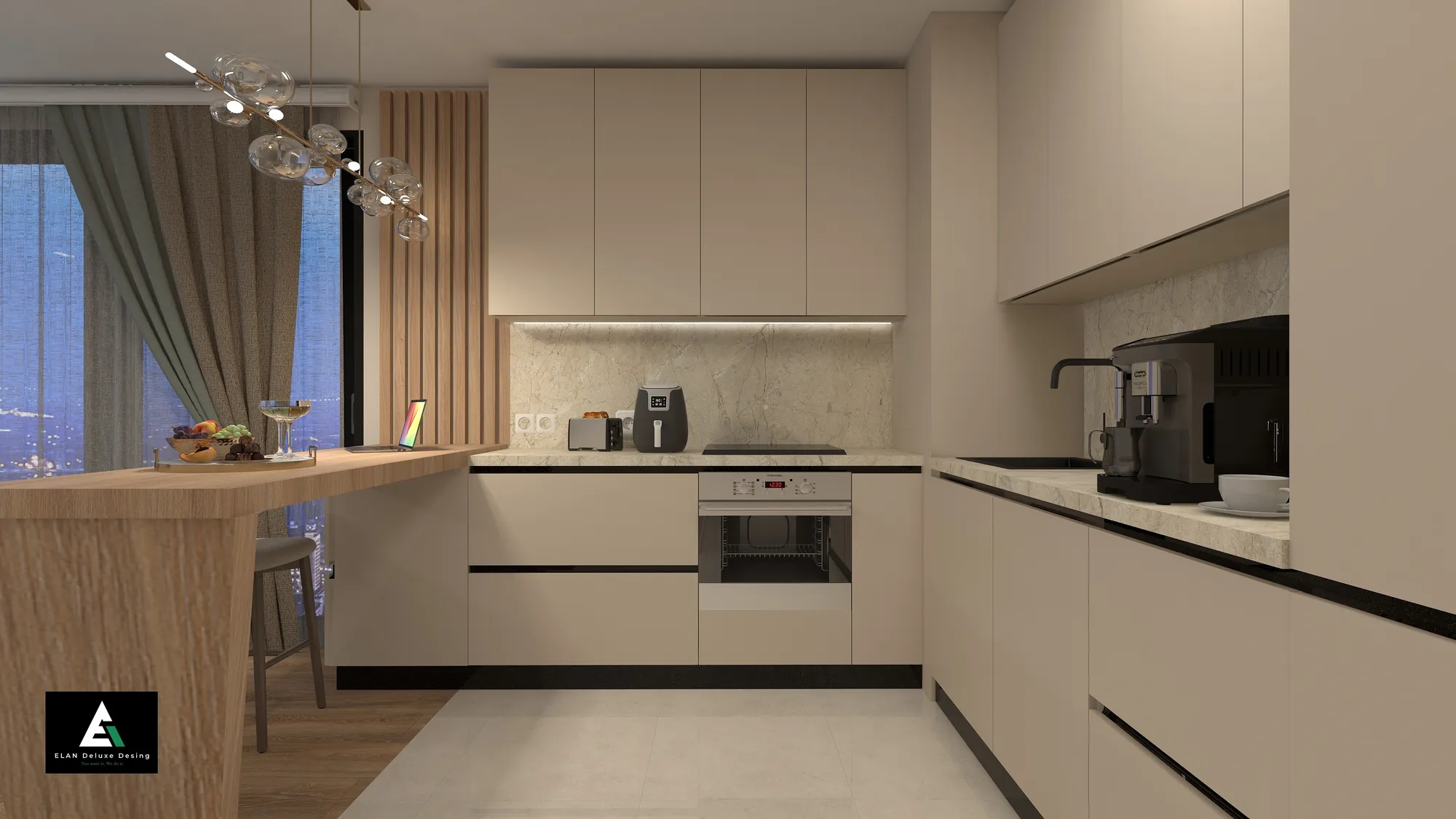 Бежова кухня без дръжки с бар плот и дървени ламели